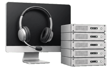Workstation headset beside a stack of managed business servers