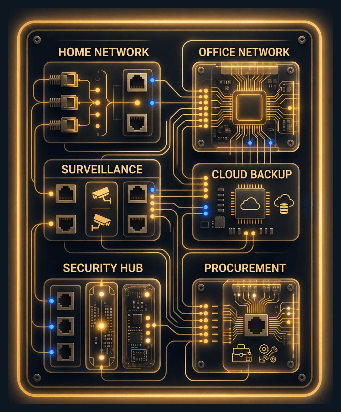 Network services and technology systems in Cupertino, CA Golden State Visions network services infographic for Cupertino, CA, connecting home networks, office networks, surveillance, cloud backup, security hubs, and procurement