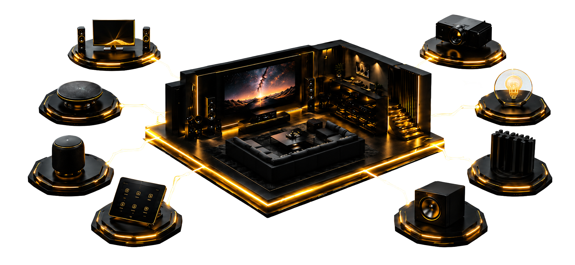 Audio video and surveillance smart home theater illustration with connected lighting, projection, speakers, control, and security systems